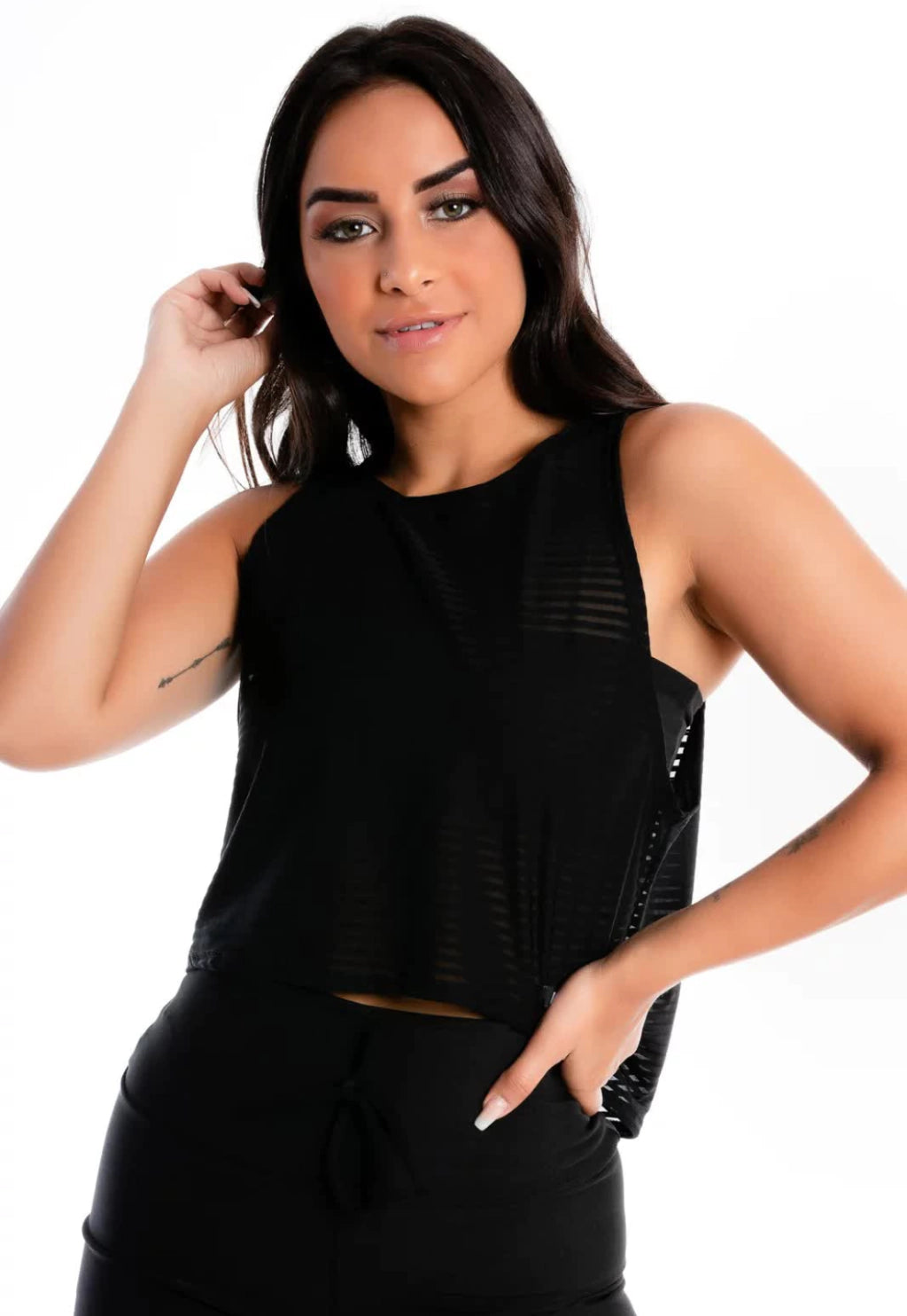 Blusa Feminina Com Tomara que Caia Transparencia Preta E Cropped