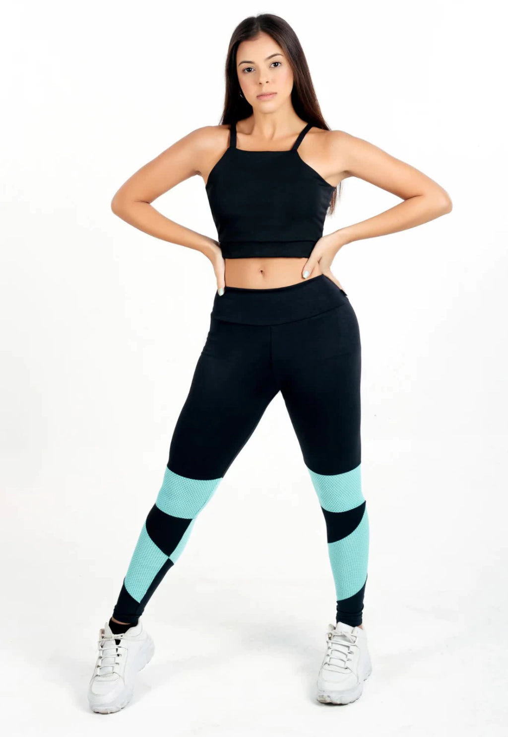 Calça Legging Cintura Alta + Cropped Alcinha com Telinha Tiffany Conjunto Fitness