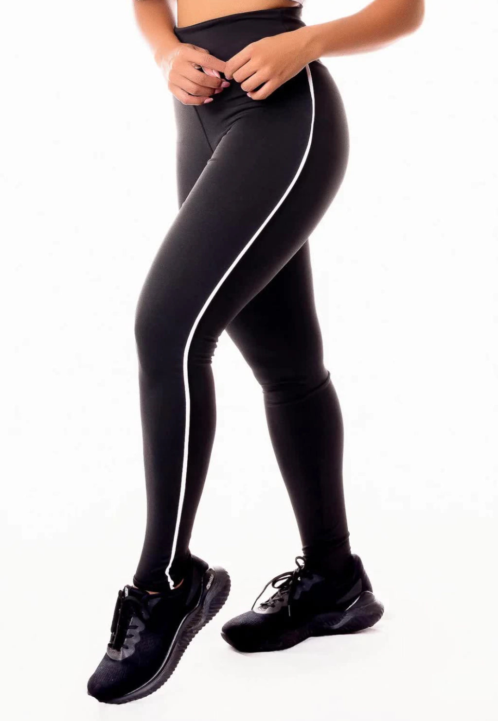 Calça Legging Fitness Academia Cintura Alta Preta com Detalhe Lateral em Vivo Branco