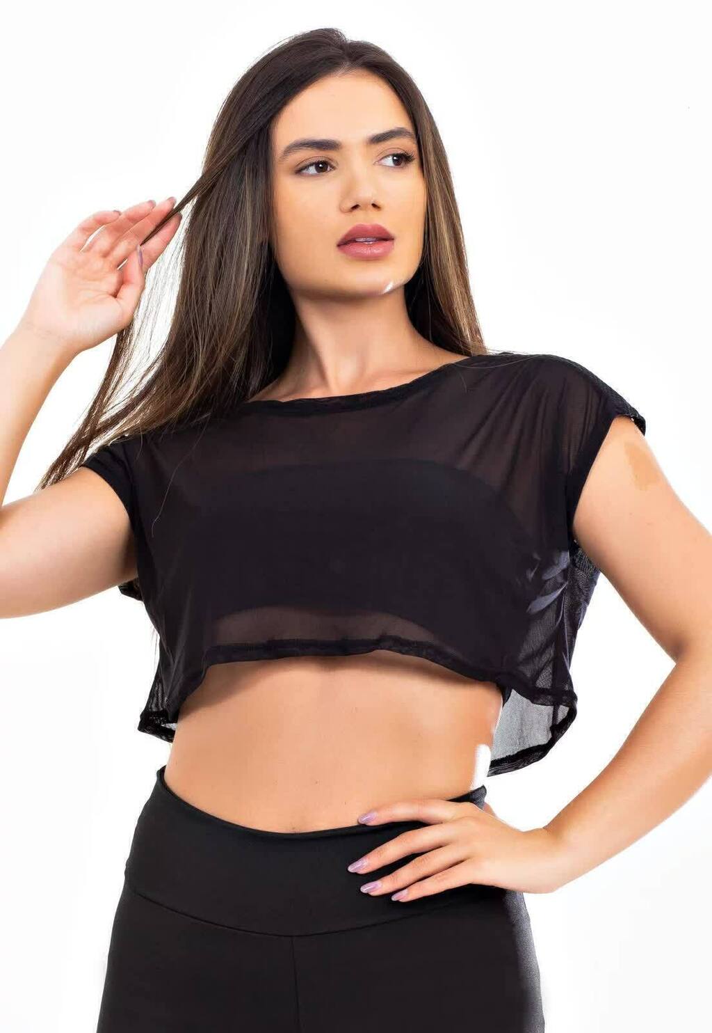 Blusa Transparente Preta Cropped Tela