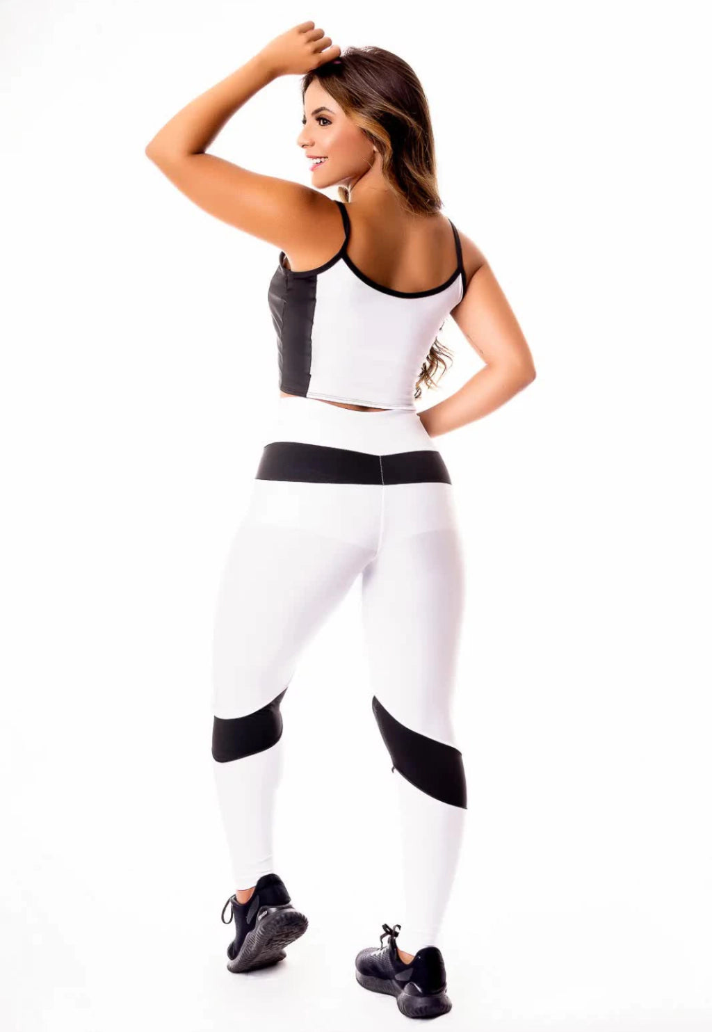 Calça Legging Branca com Preto Cintura Alta e Cropped Alcinha Academia Conjunto Fitness
