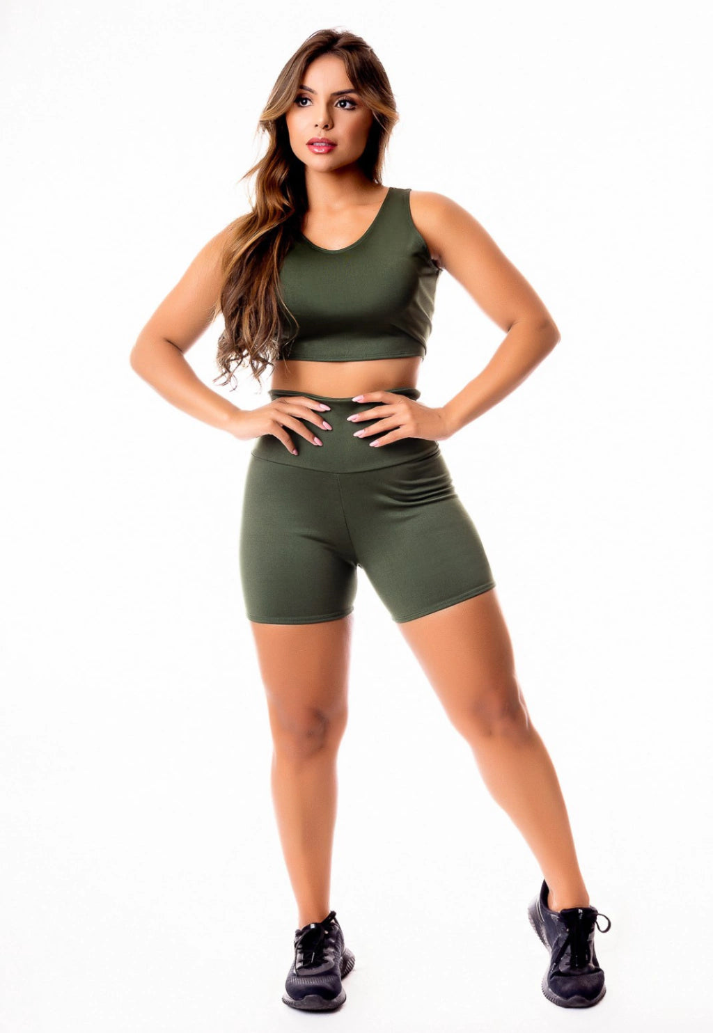 Short Cintura Alta e Cropped Regata Verde Militar Academia Conjunto Fitness Feminino