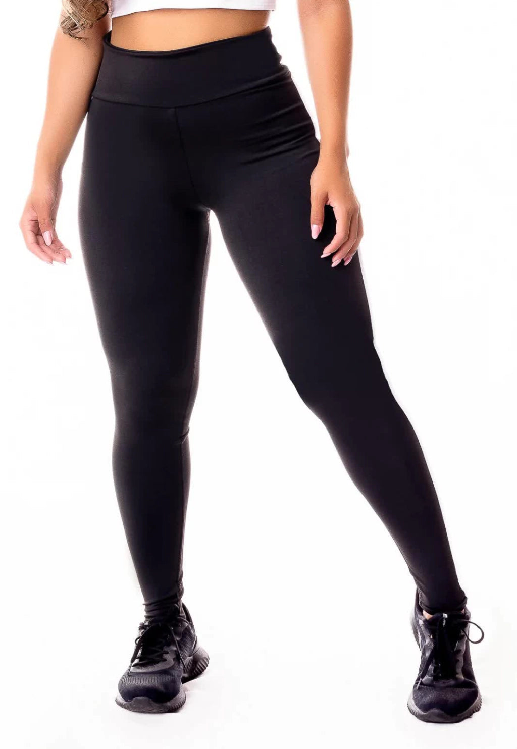 Calça Legging Fitness Academia Cintura Alta Preta com Detalhe Lateral em Vivo Branco