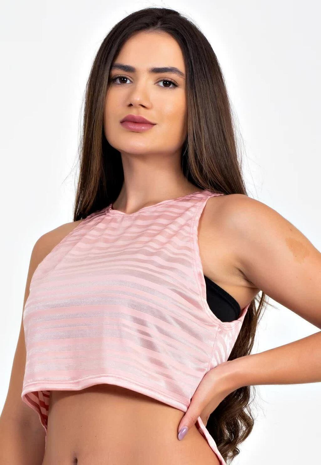 Blusa Feminina Rose Tomara que Caia Traparente Com Cropped Preto