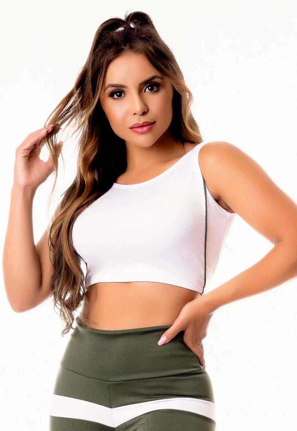 Top Cropped Academia Branco com Vivo Verde Militar Fitness