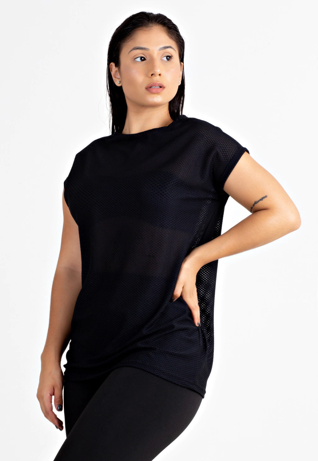 Blusa Transparente Dry Preto Feminina Fitness