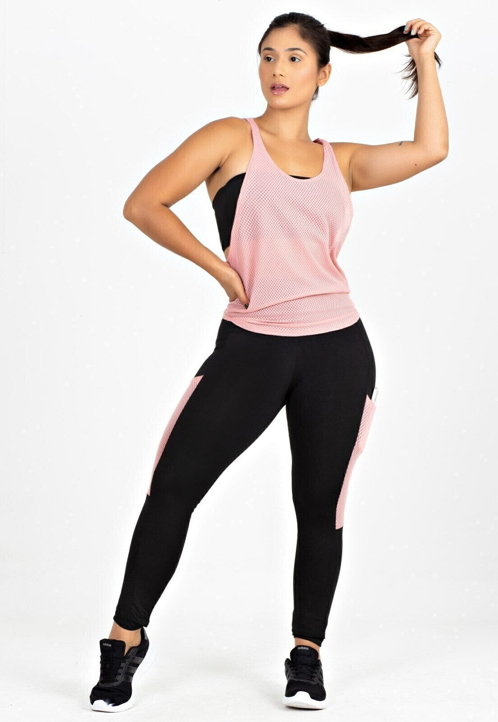 Calça Legging com Bolso em Tela Dry + Regata de Tela + Top Tomara que Caia Preto com Rosé Conjunto Fitness