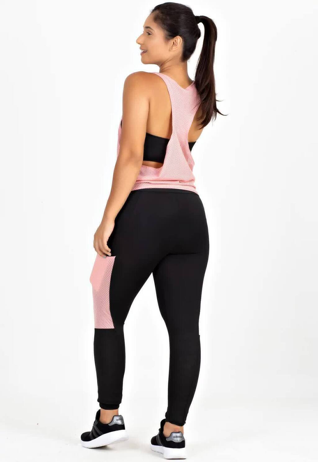 Calça Legging com Bolso em Tela Dry + Regata de Tela + Top Tomara que Caia Preto com Rosé Conjunto Fitness