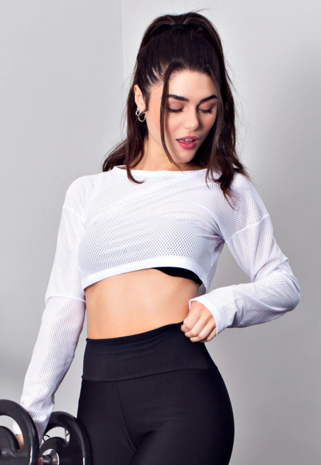 Top Cropped Manga Longa de Tela Dry Fit Preto Fitness