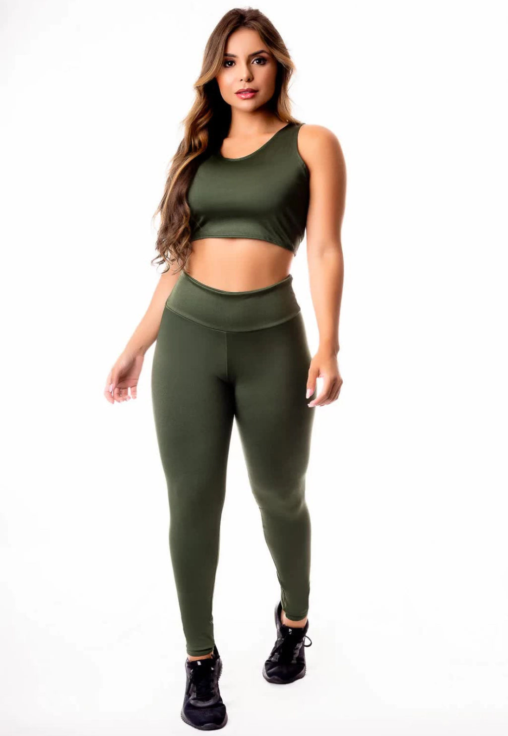 Calça Legging Verde Militar Cintura Alta e Cropped Regata Academia Conjunto Fitness Feminino