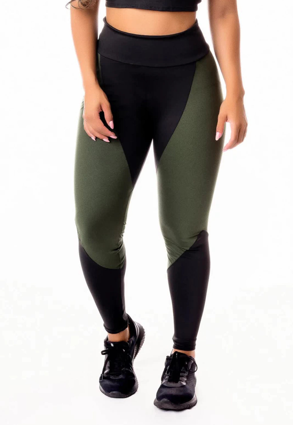 Calça Legging com Preto Cintura Alta Fitness Academia Verde Militar