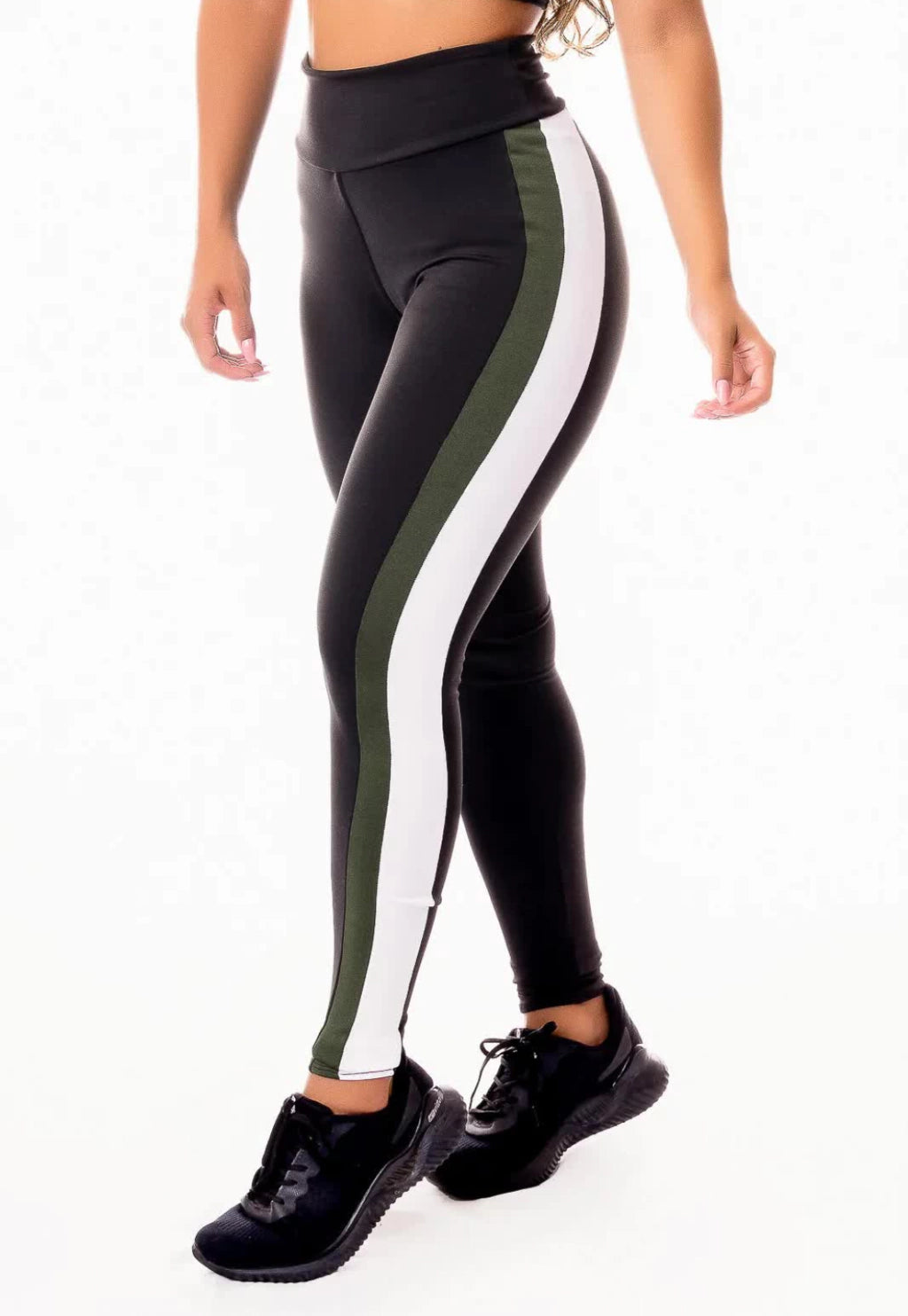 Calça Legging Fitness Academia Cintura Alta Preta com Verde Militar e Vivo Branco