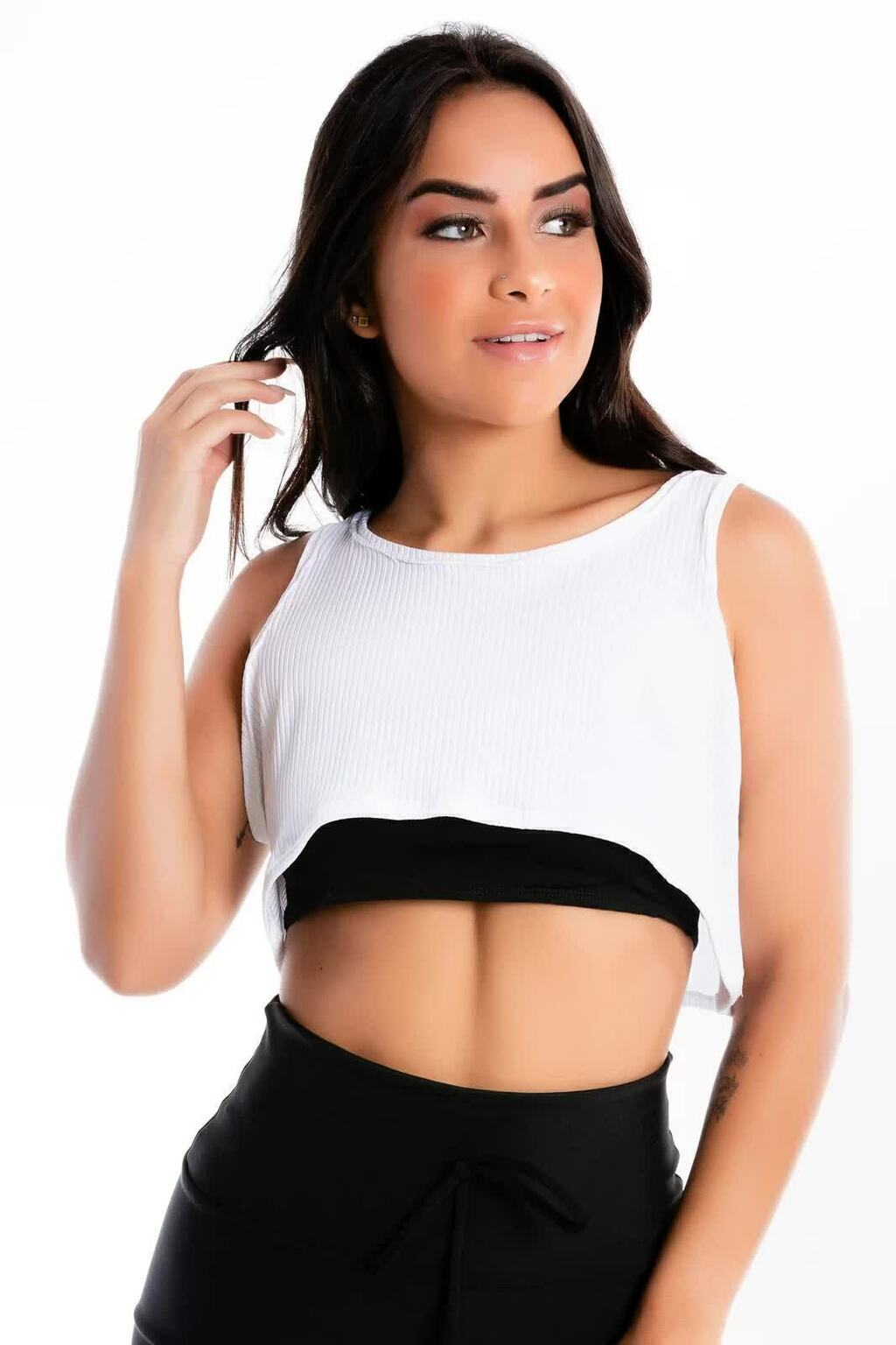 Blusinha Cropped Transparente Preto Tomara que Caia Branca Com Cropped