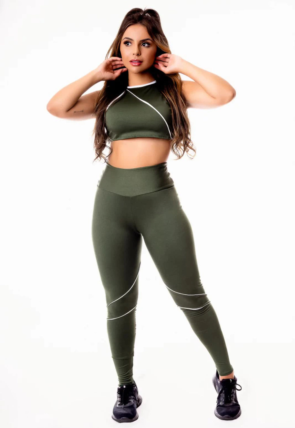 Feminino Calça Legging Verde Militar Cintura Alta e Cropped Gola Alta com Detalhes em Vivo Branco Academia Conjunto Fitness