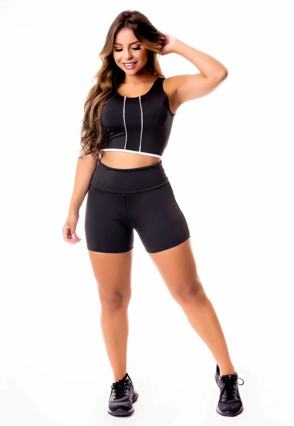 Feminino Short Preto com Detalhe em Vivo Branco Cintura Alta e Cropped Regata Academia Conjunto Fitness