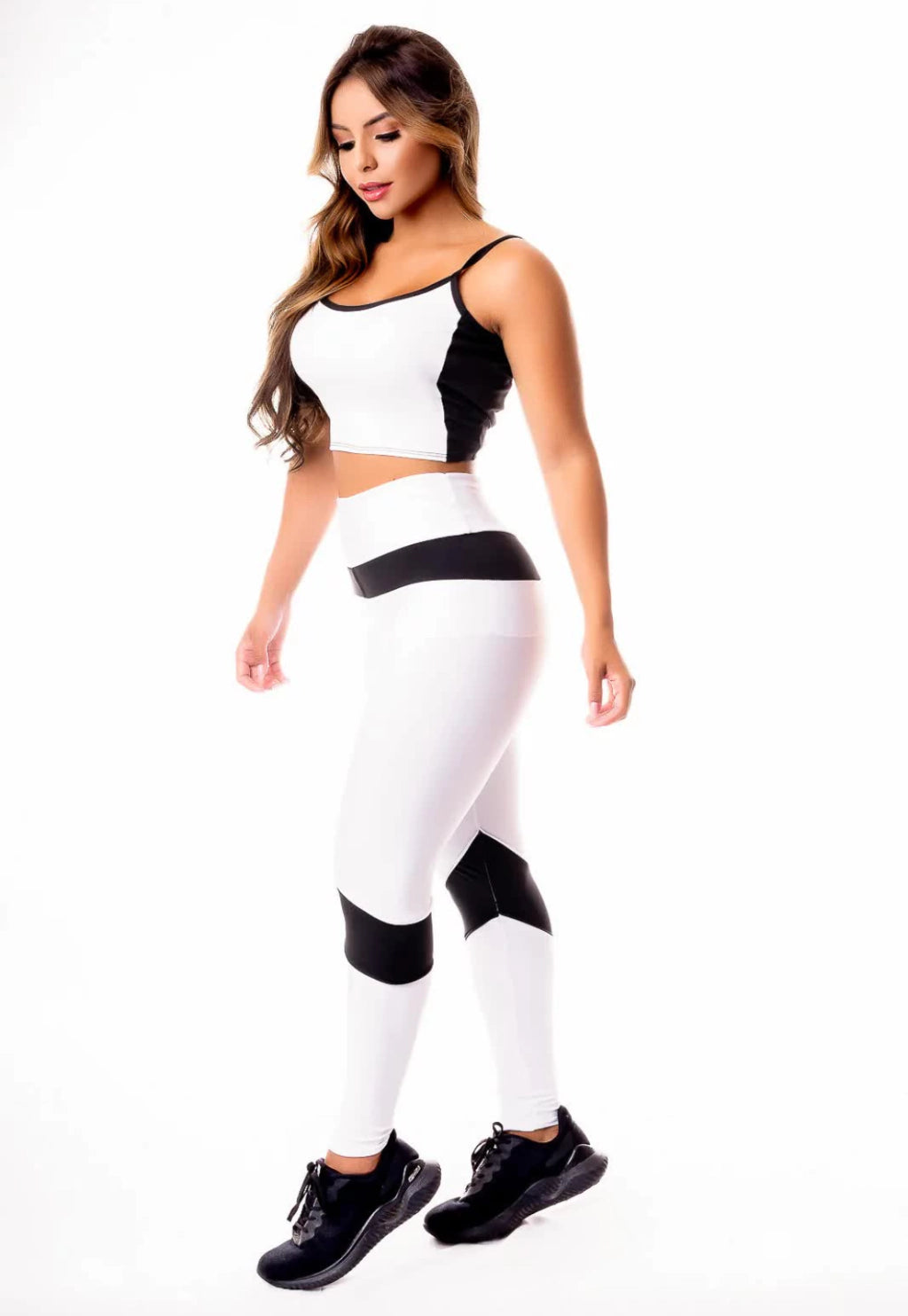 Calça Legging Branca com Preto Cintura Alta e Cropped Alcinha Academia Conjunto Fitness
