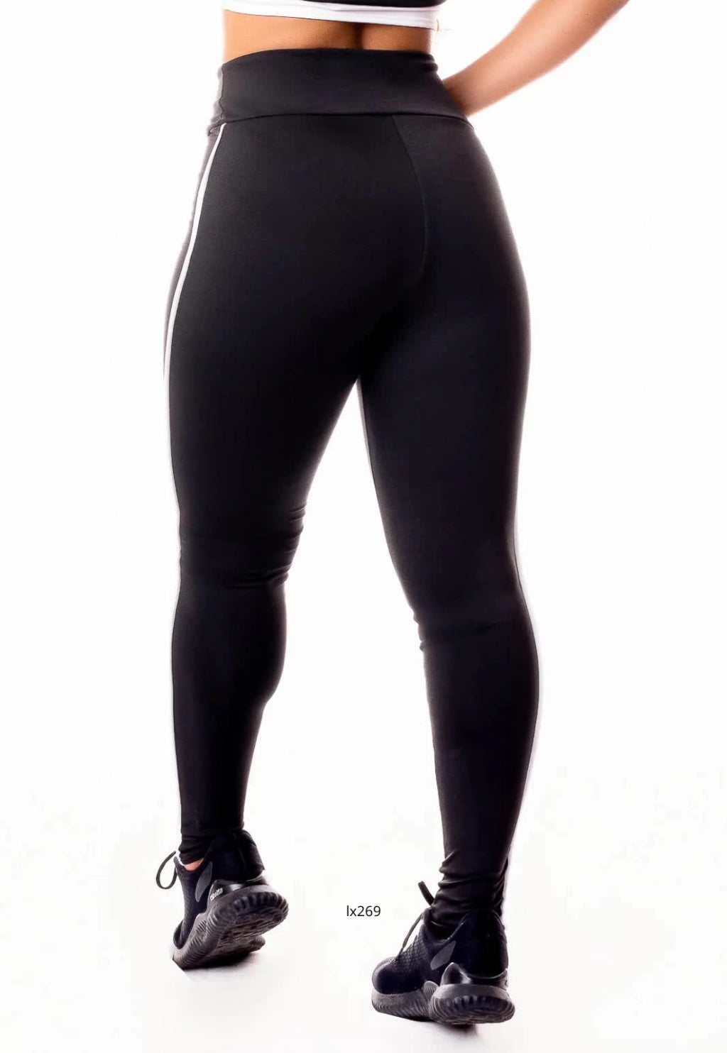 Calça Legging Fitness Academia Cintura Alta Preta com Detalhe Lateral em Vivo Branco