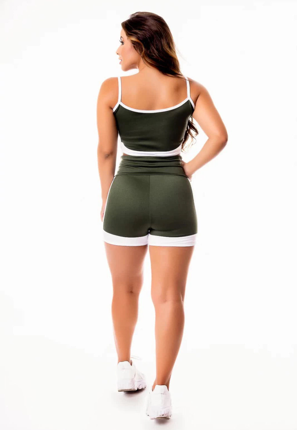 Feminino Short Verde Militar com Branco Cintura Alta e Cropped Alcinha Academia Conjunto Fitness