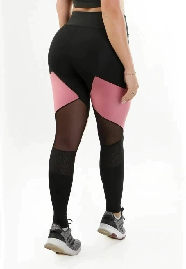 Calça Legging e Tela Preto Cintura Alta Assimétrica com Detalhe em Tulê