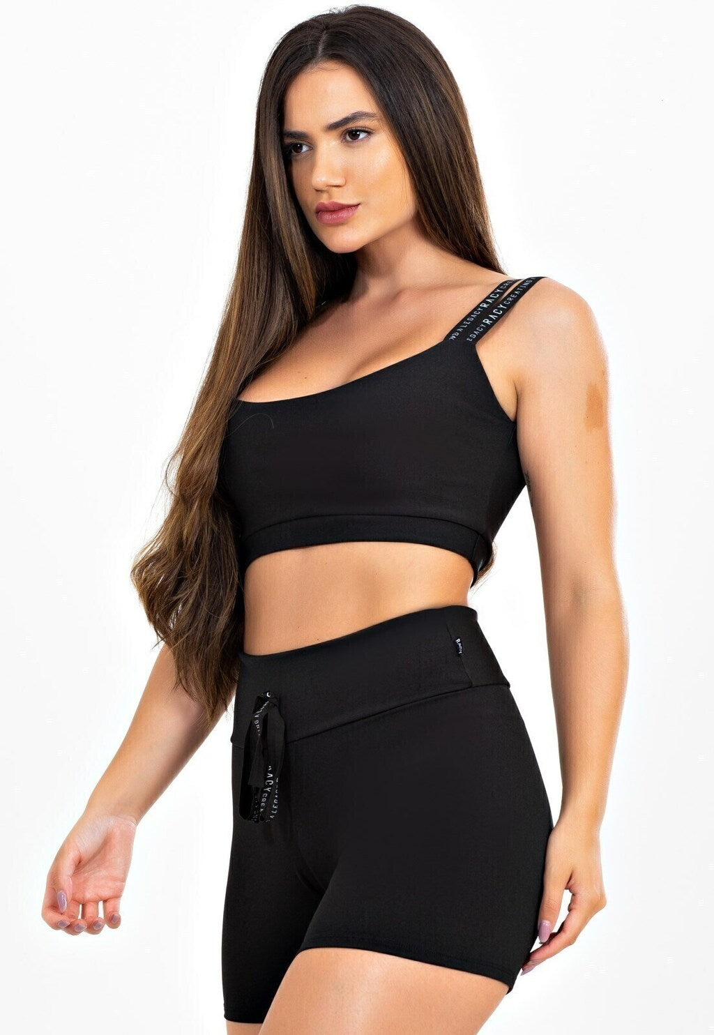 Short Cintura Alta com Cardaço Fake + Cropped Preto Alça Dupla Conjunto Fitness