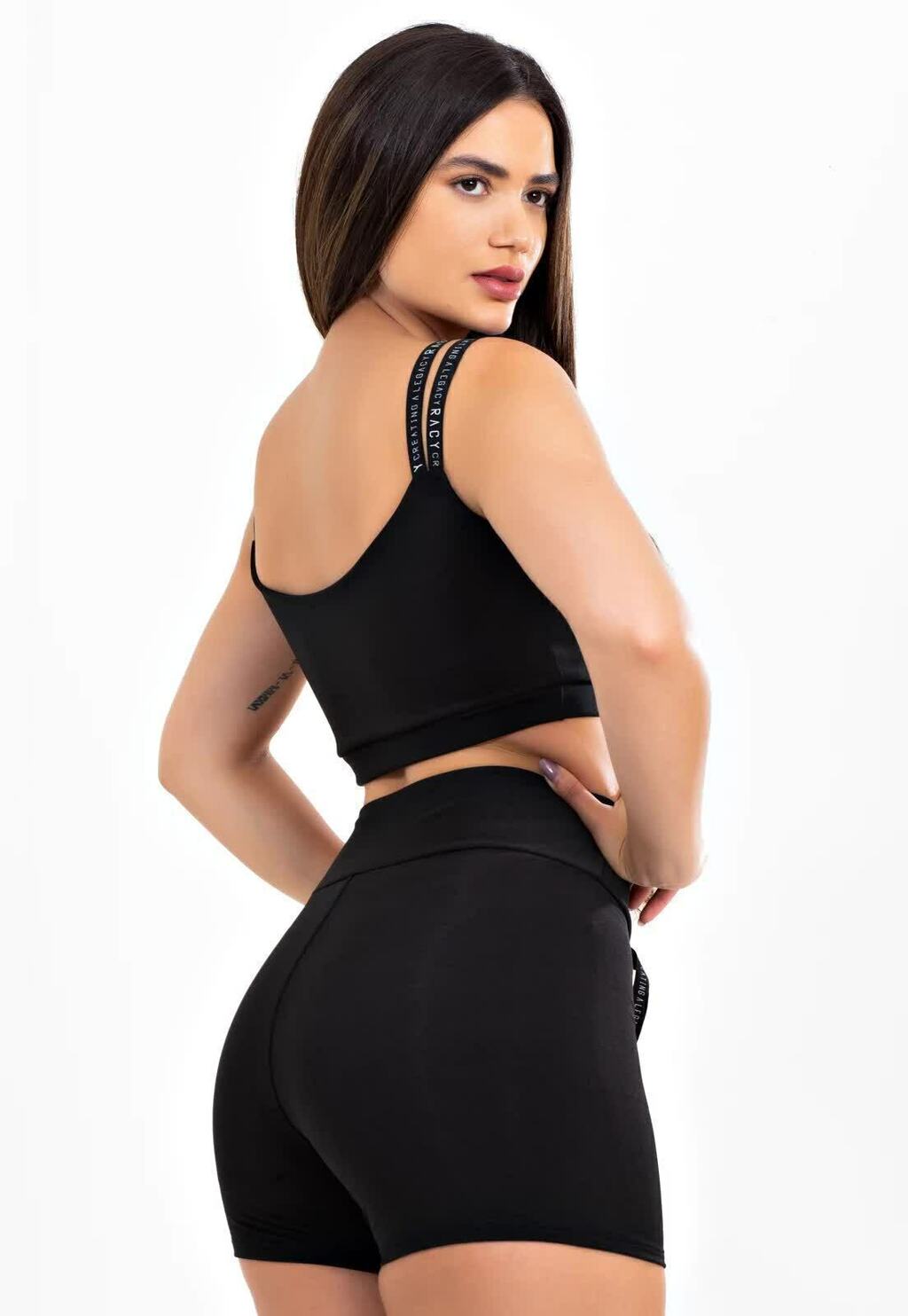 Short Cintura Alta com Cardaço Fake + Cropped Preto Alça Dupla Conjunto Fitness
