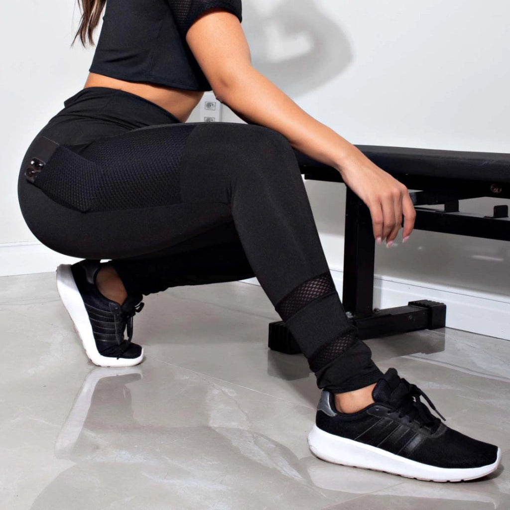 Calça Com Bolso em Tela Legging Fitness Preta